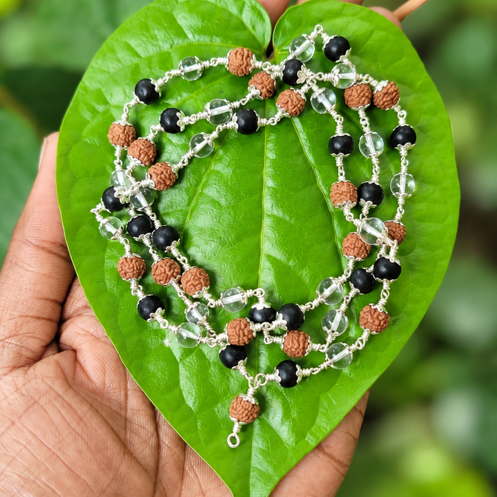 Karungali With Rudraksha and Spatika Silver(925) Cap Mala 6mm