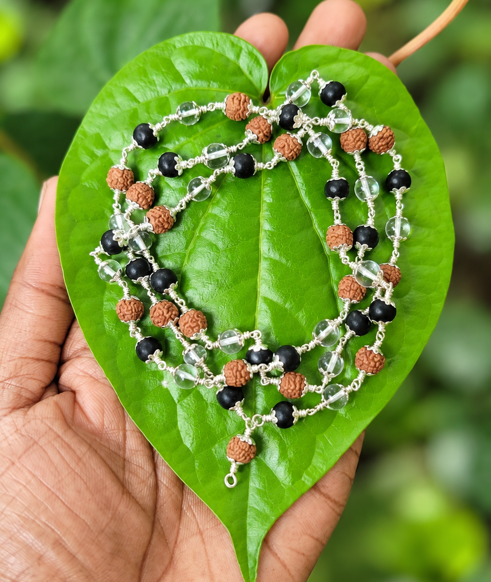 Karungali With Rudraksha and Spatika Silver(925) Cap Mala 6mm