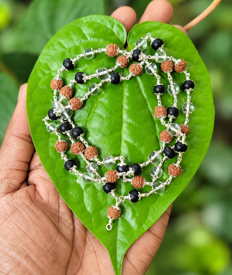 Karungali With Rudraksha and Spatika Silver(925) Cap Mala 6mm