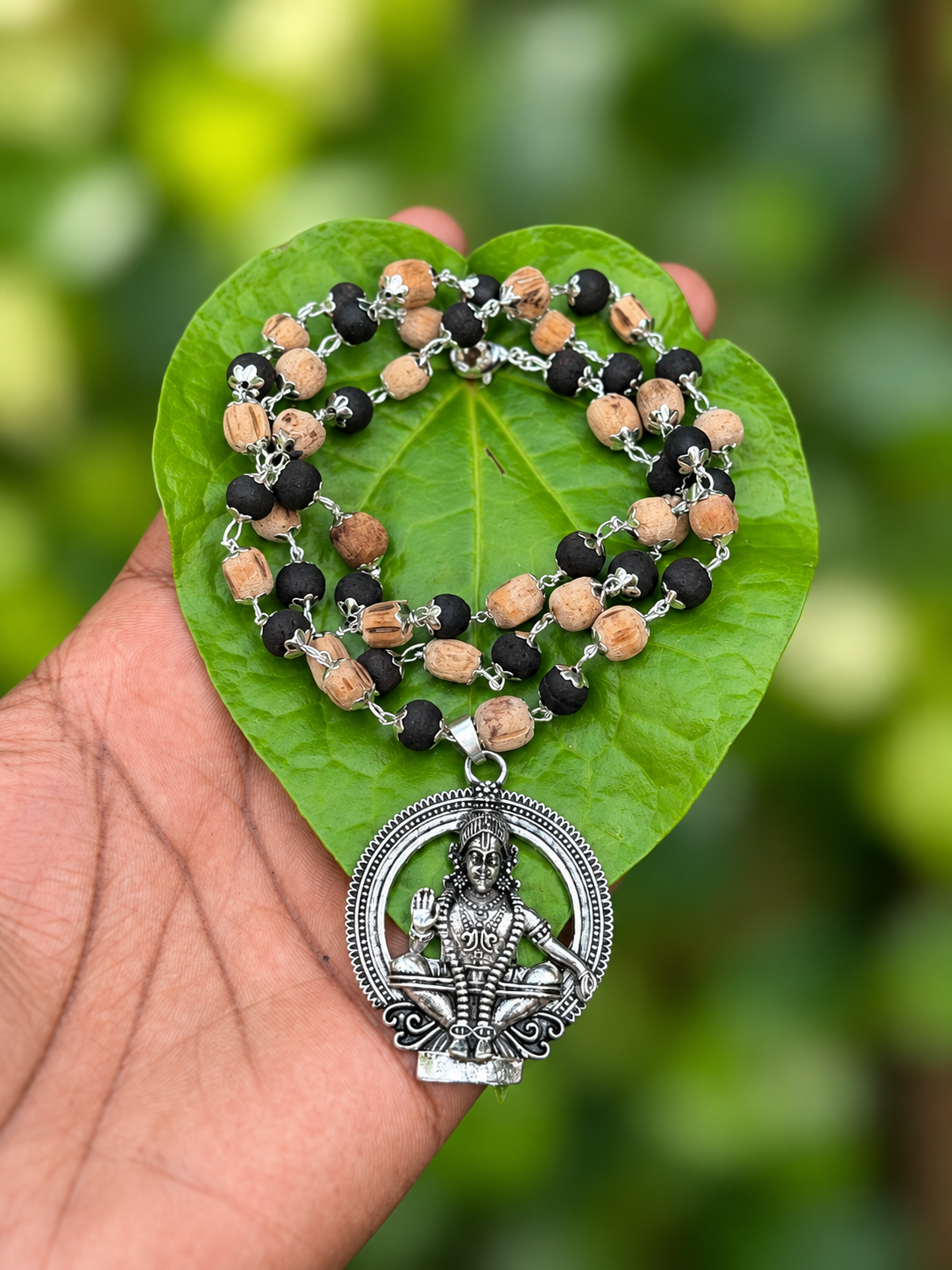 Karungali And Tulasi German Silver Mala with Ayyappa Dollar 7mm (Big Size)