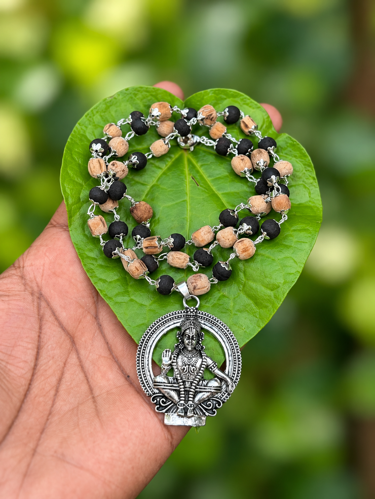 Karungali And Tulasi German Silver Mala with Ayyappa Dollar 7mm (Big Size)
