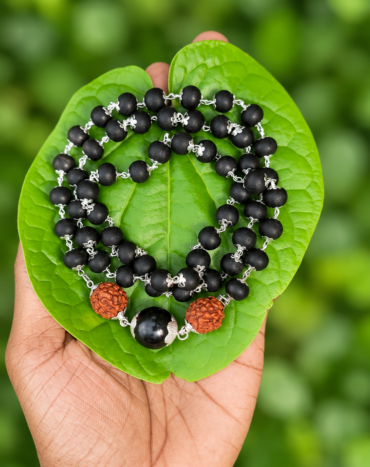 Karungali German Silver Mala With dual Rudraksha Dollar – 8mm