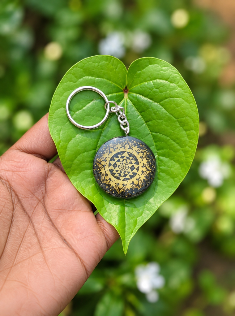 Pyrite Shree Yantra Key Chain Round