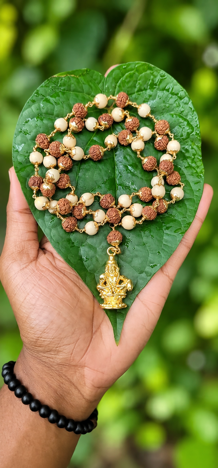 Tulasi With Rudraksha Panchaloha (Impon) Mala With Ayyappa Dollar 8mm (54Beads)