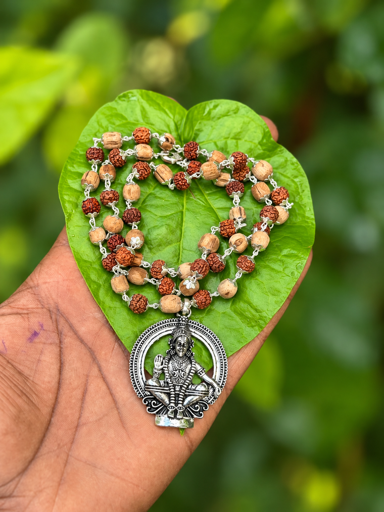 Rudraksha And Tulasi German Silver Mala with Ayyappa Dollar 7mm (Big Size)