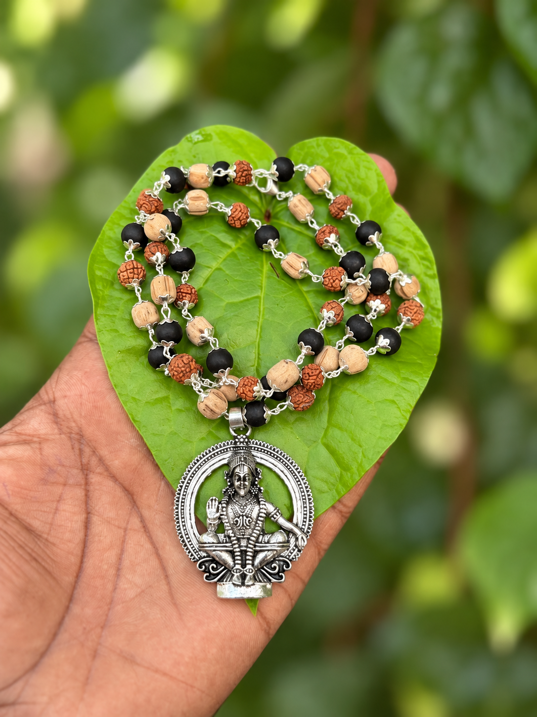 Karungali with Rudraksha And Tulasi German Silver Mala with Ayyappa Dollar 7mm (Big Size)