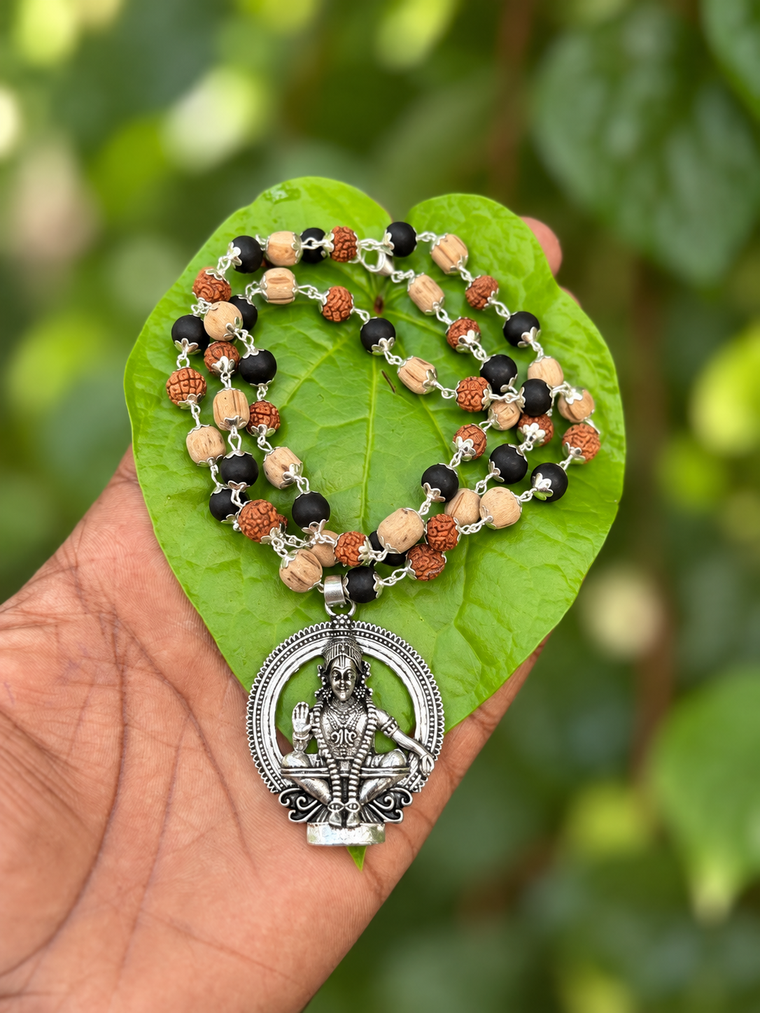 Karungali with Rudraksha And Tulasi German Silver Mala with Ayyappa Dollar 7mm (Big Size)