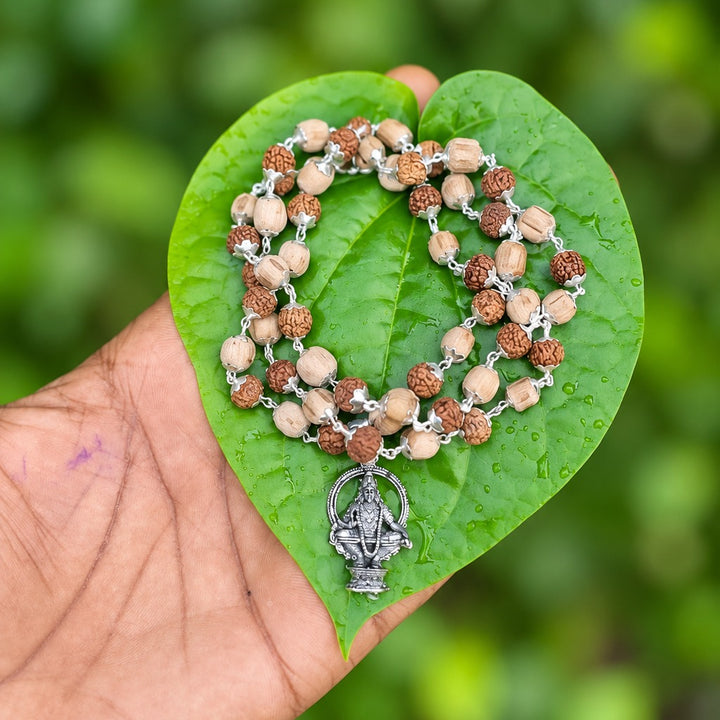 Rudraksha And Tulasi German Silver Mala with Ayyappa Dollar 7mm