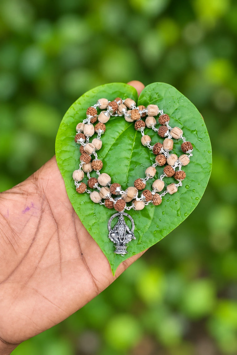 Rudraksha And Tulasi German Silver Mala with Ayyappa Dollar 7mm
