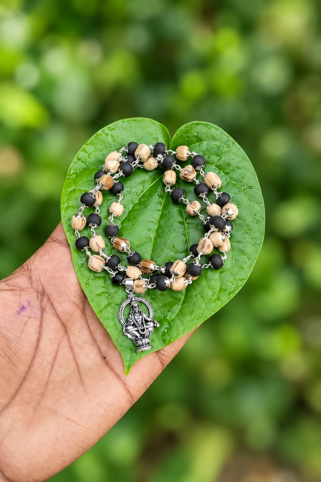 Karungali And Tulasi German Silver Mala with Ayyappa Dollar 7mm