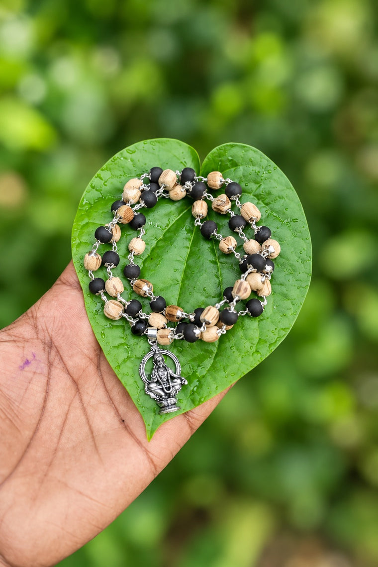 Karungali And Tulasi German Silver Mala with Ayyappa Dollar 7mm