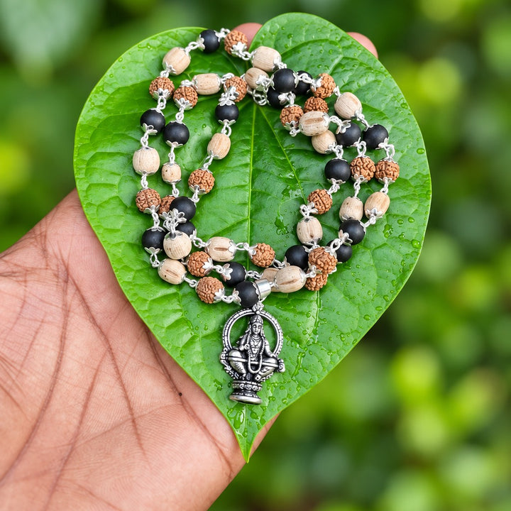 Karungali with Rudraksha And Tulasi German Silver Mala with Ayyappa Dollar 7mm