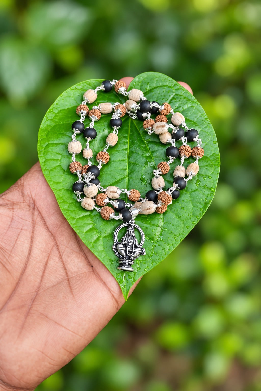 Karungali with Rudraksha And Tulasi German Silver Mala with Ayyappa Dollar 7mm