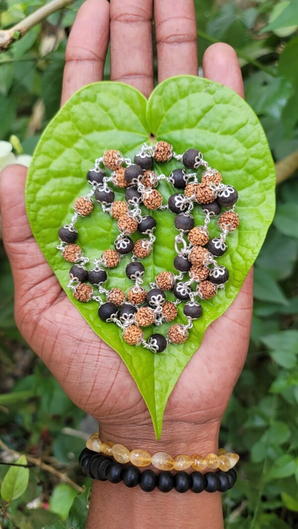 Rudraksha and Karungali Silver flower cap Mala - 8mm