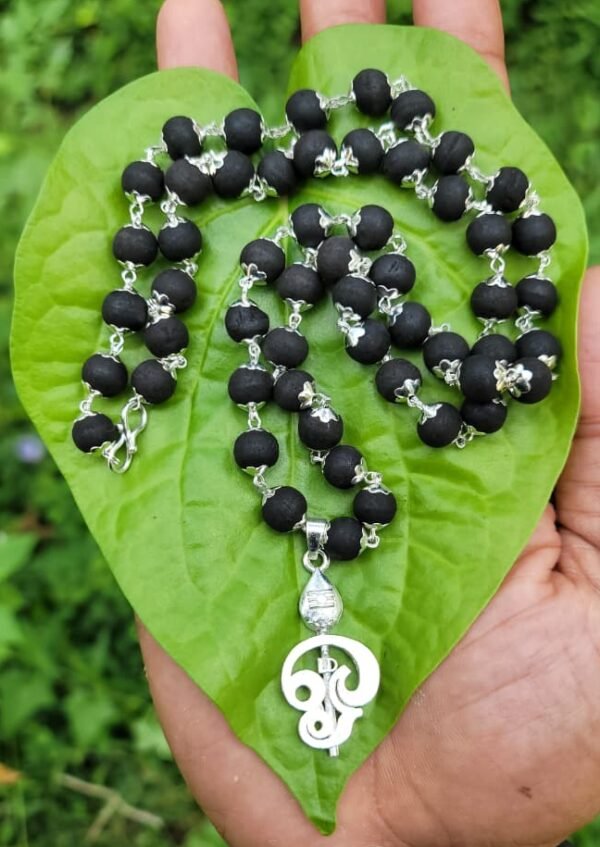 Karungali German Silver Mala With Tamil Ohm Dollar – 8 MM