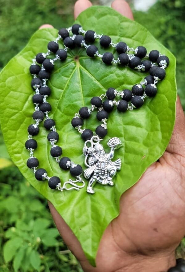 Karungali German Silver Mala With Standing Hanuman Dollar – 8 MM