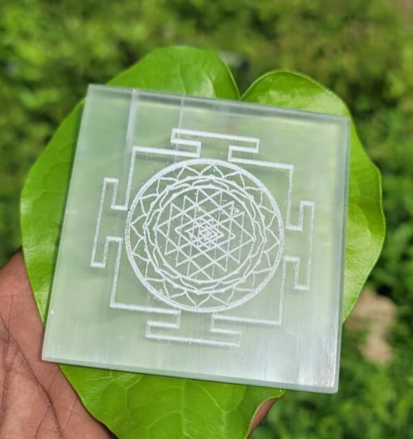 Selenite Crystal plate with Sri Yantra (square plate)