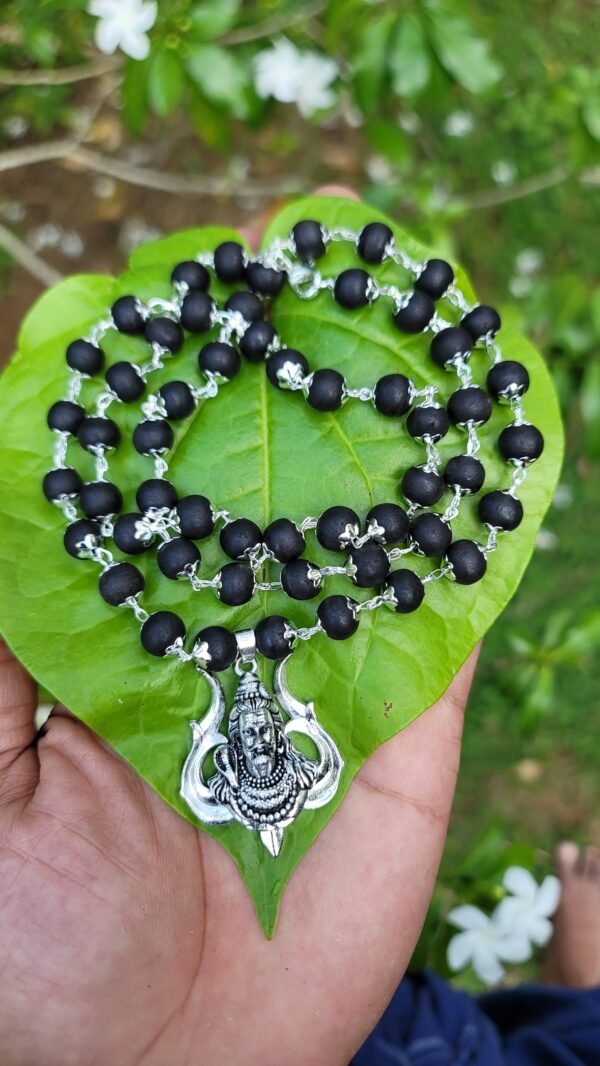 Karungali German Silver Mala with Shivji in Trishul