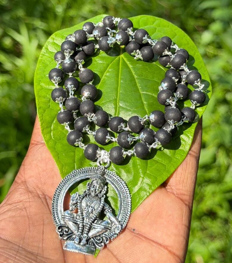 Karungali German Silver Mala With Ayyappa Dollar(big size)-8mm