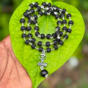 Karungali German Silver Mala With Om Damaru Dollar 8mm